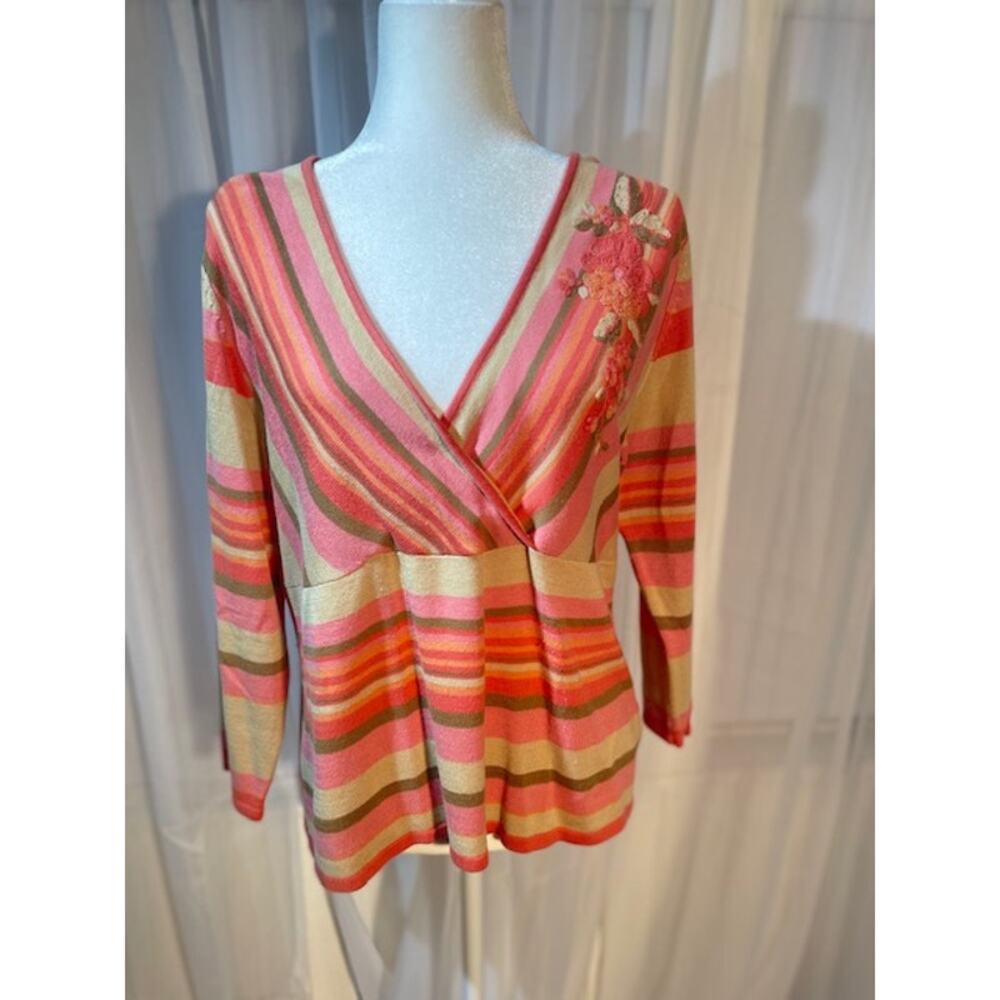 Nine & Co.  Size XL Sweater‎ V-Neck Faux Wrap Front 3/4 Sleeve Striped